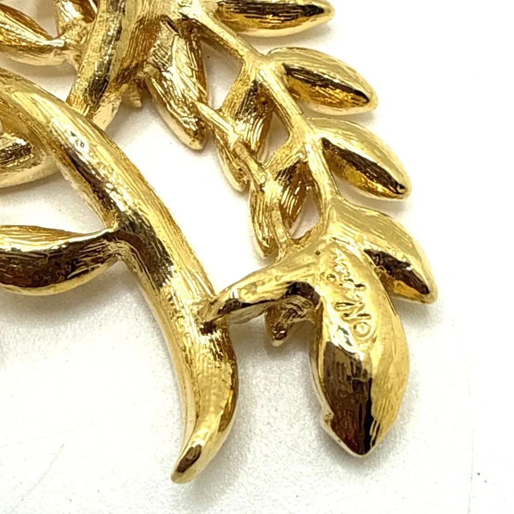 Vintage NWOT Napier Gold Tone Clear Rhinestone Brooch Floral  Fern Ribbon Pin 2